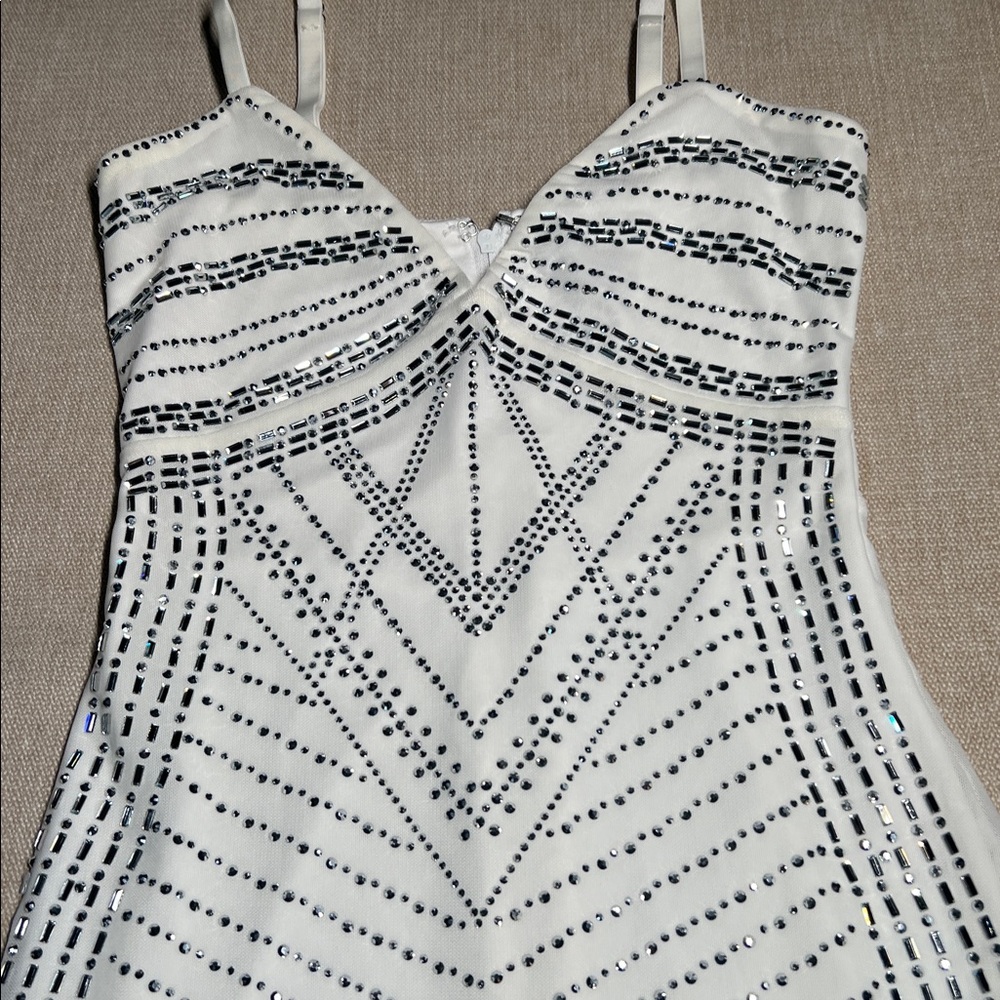 Elegant White Rhinestone Patterned Mini Dress - image 4